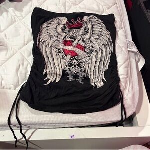 Black Tube Top with Winged rhinestone Heart Design
